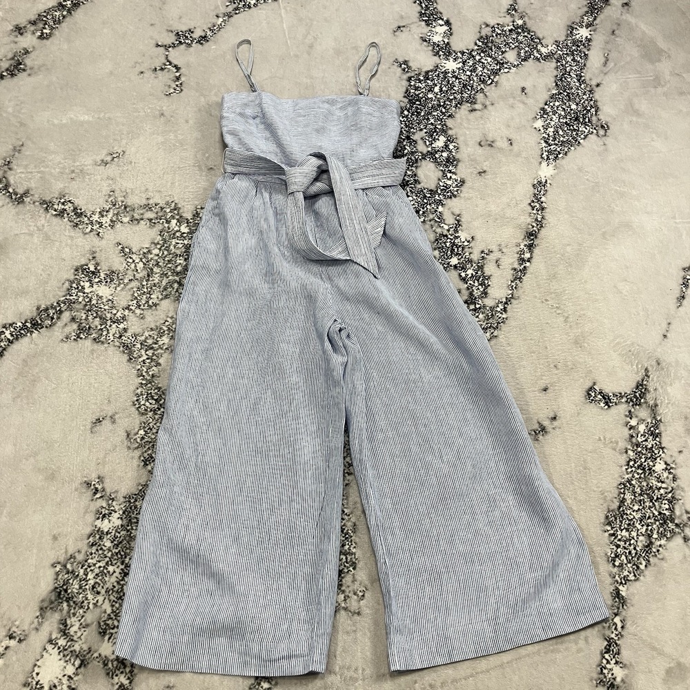 J. Crew Blue White Striped Strapless Wide Leg Jumpsuit‎ Tie Waist Womens Size 0